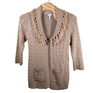 Chico's Fringe Shawl Collar Cable Knit Cardigan Women's 2/L Tan Sparkle EUC